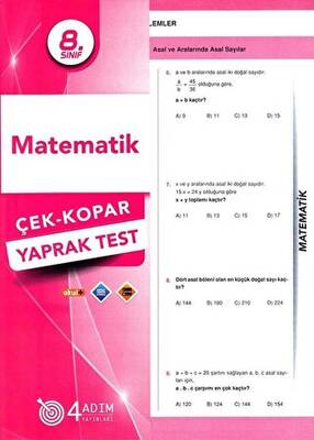 4 Adım Yayınları 8. Sınıf Matematik Çek-Kopar Yaprak Test - 1