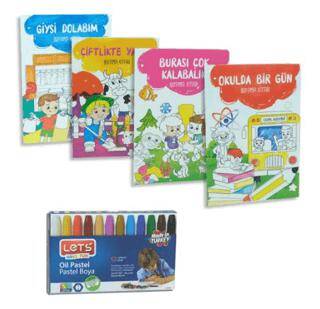 Boyama Kitabı 4 Adet + Lets Pastel Boya 12 Renk Set - 1