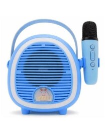 Çocuklara Özel Retro Tasarımlı Bluetooth Karaoke Mikrofon ve Ahşap Tripodlu – Mavİ - Crownwell