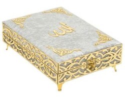 Sema Serisi Kadife Kaplamalı Ahşap Plaket Kutu + Orta Boy Arapça Kadife Kuran + Taşıma Çantası Hediye Seti Gümüş 90247 - Furkan Neşriyat